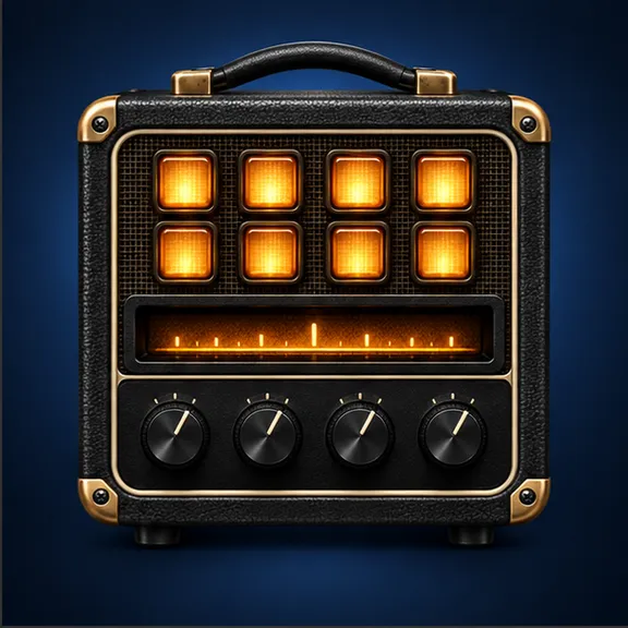 Fender Mustang Amp Controller artwork: a miniature amp with glowing keys and four dials.